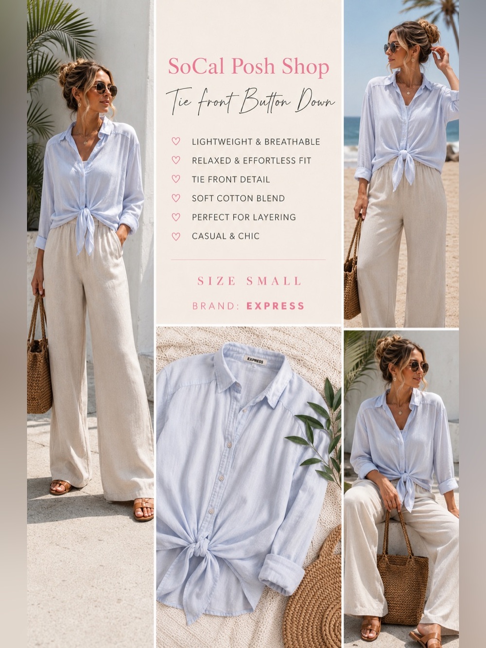 Express Light Blue Tie-Front Button-Up Shirt - Classic Women's Top Small